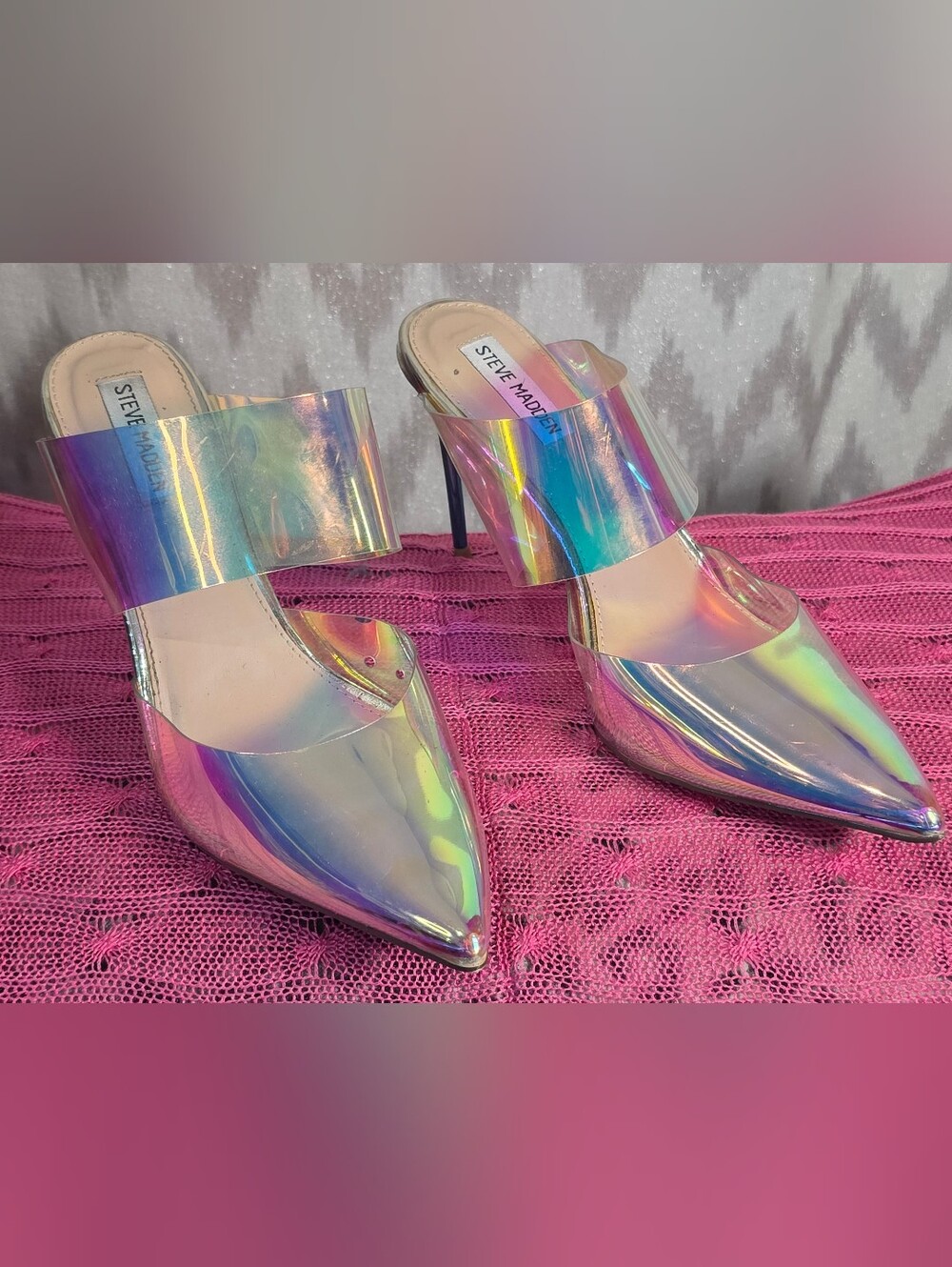 Steve Madden Medayo Iridescent Holographic Pointed Toe Mule Heels Size 10